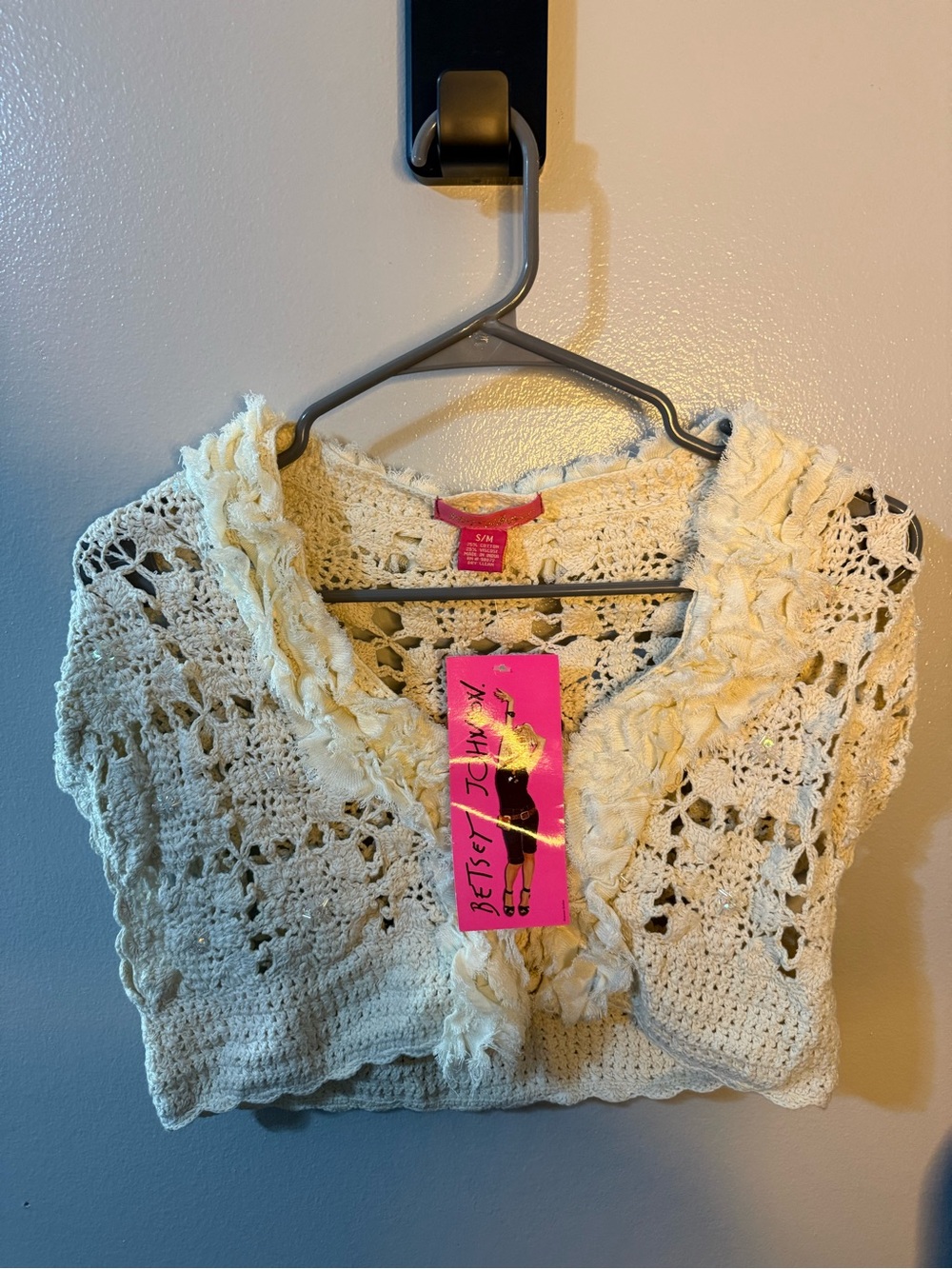 Betsey Johnson Cream Crochet Ruffle-Trim Short Cardigan